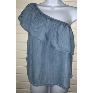 American Eagle Sz XS One Shoulder Peasant Top Soft Lyocell Denim Chambray EUC